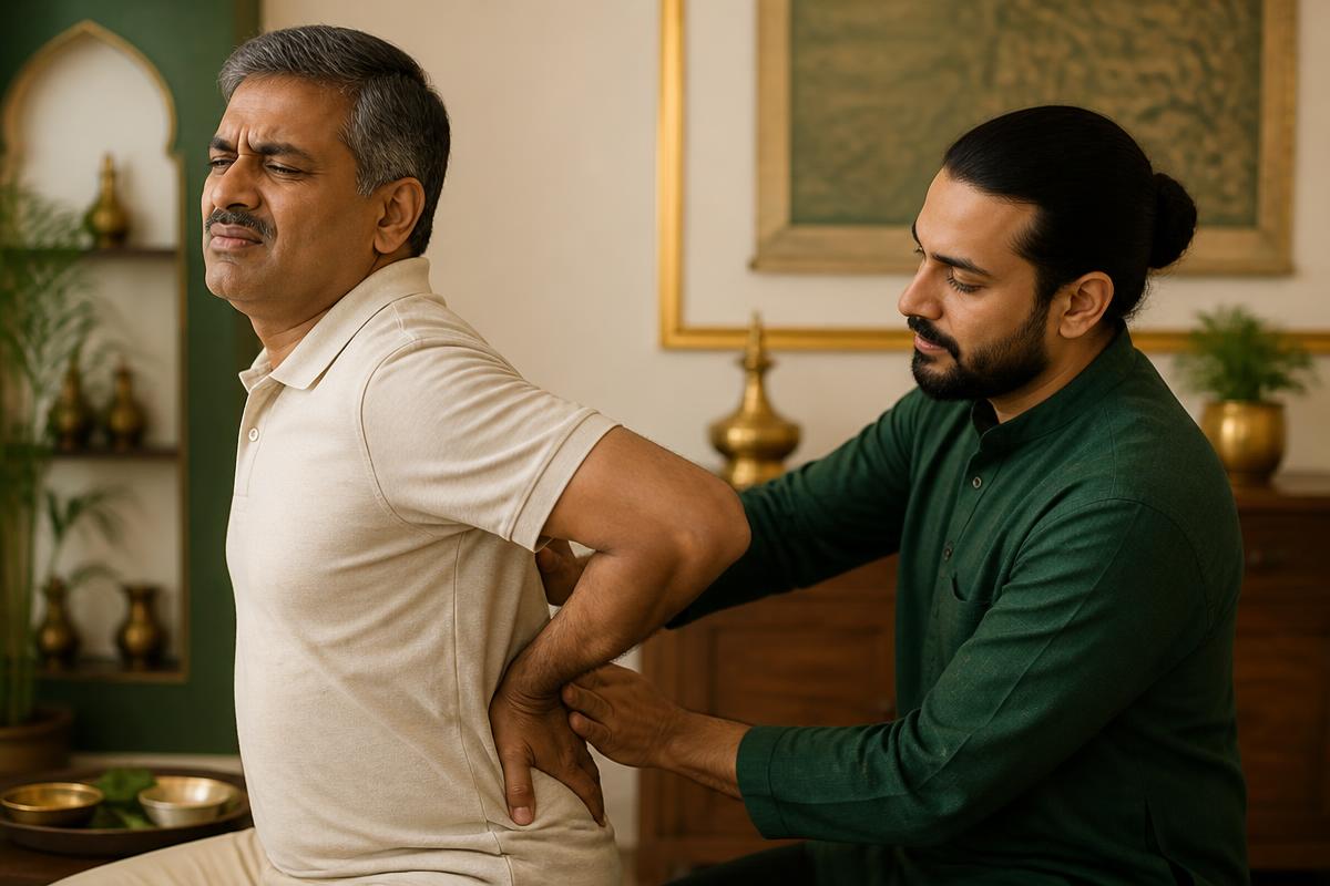 Patient with lower back pain being examined by an Ayurvedic doctor at Devaki Ayurveda Padubidri